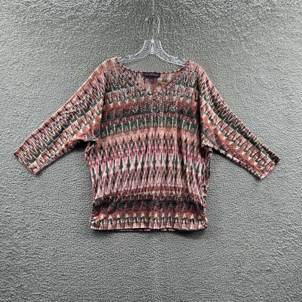 Women L Boho Festival Aztec Embellished Knit Top V Neck Artsy Southwestern Indie